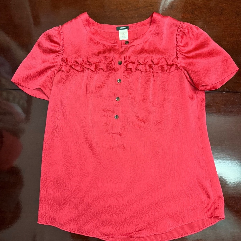 J.Crew Womens 2P Red Silk Ruffle Yoke Short Sleeve Button Front Blouse Top
